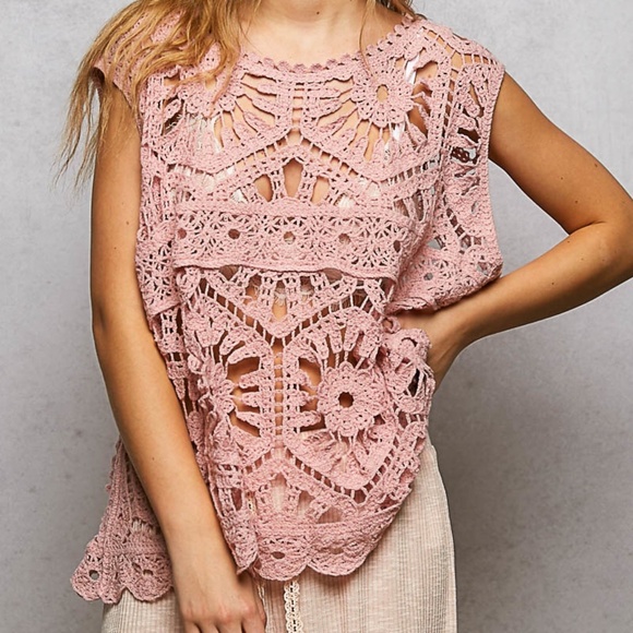 New POL Openwork Floral Crochet SleevelessTank Top Scalloped Oversize Shirt Rose - Picture 2 of 9